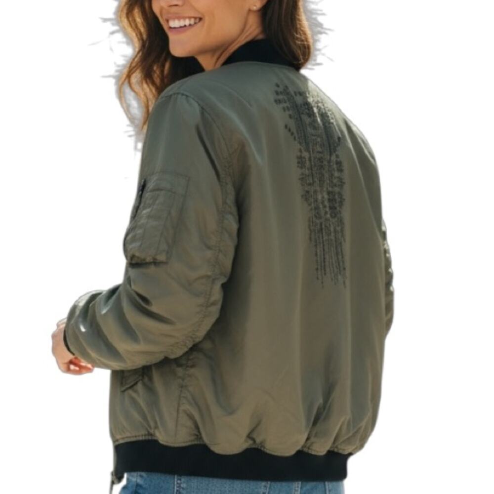 BNCI Olive Green Bomber Jacket Size Small Ruched Sleeves Cargo